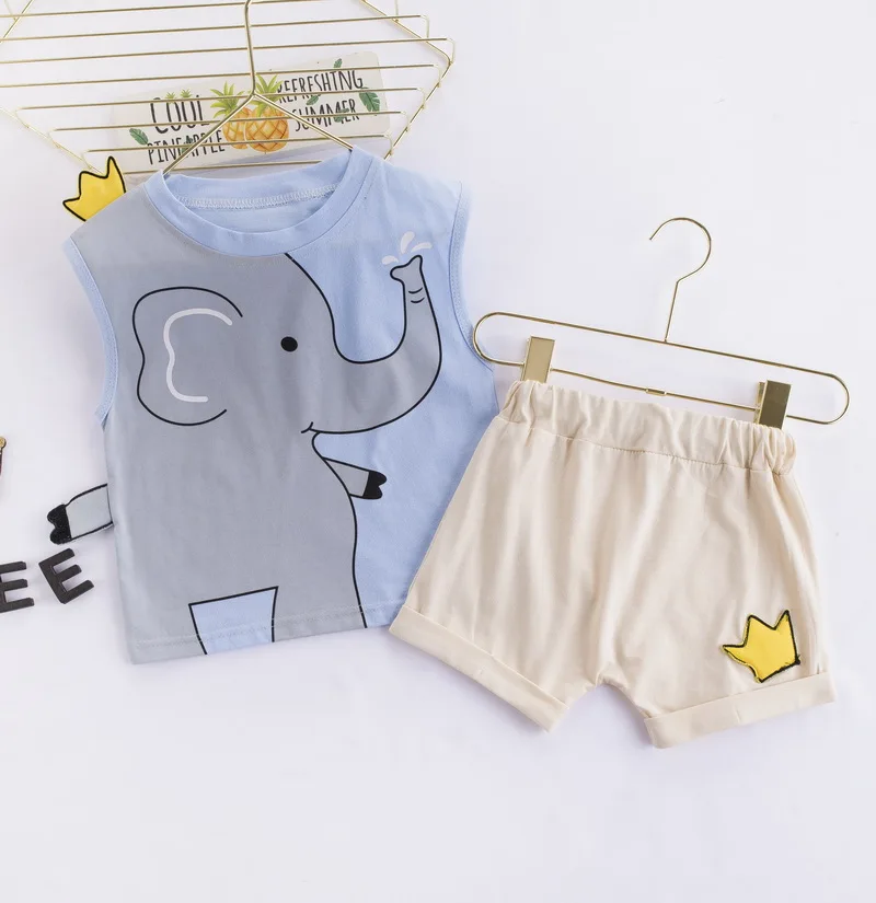 

Children Boys Girls Baby Fashion Infant Elephant Clothing Set New Summer TOPS Kids Cotton Cartoon Vest Shorts 2PCS/Sets Suit set