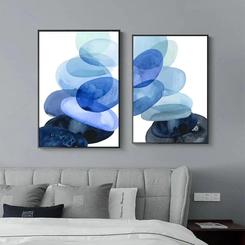 

Watercolor Blue Canvas Painting Abstract Oval Poster Wall Art Decorative Pictures For Living Room Minimalist Nordic Home Decor
