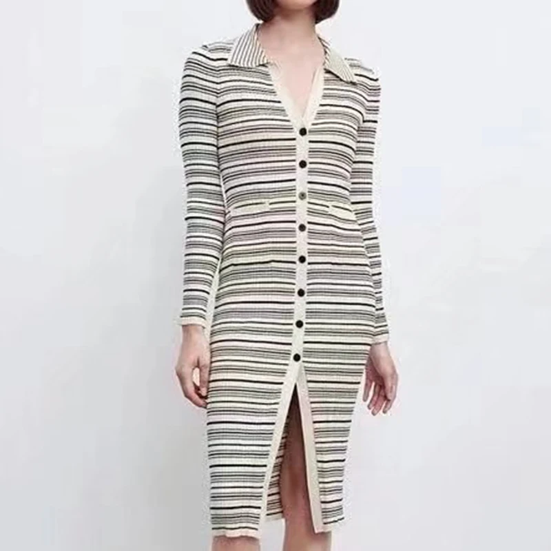 

2021 Autumn Women Fashion Striped Knitted Dress Casual Long Sleeve Lapel Single-breasted Female Tight Long Dress LS3325
