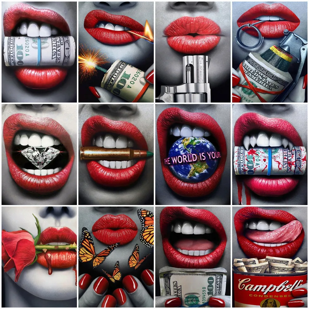 

HUACAN Full Square/Round Diamond Painting Portrait Woman Mosaic Embroidery Lip Cross Stitch Diamond Art Home Art