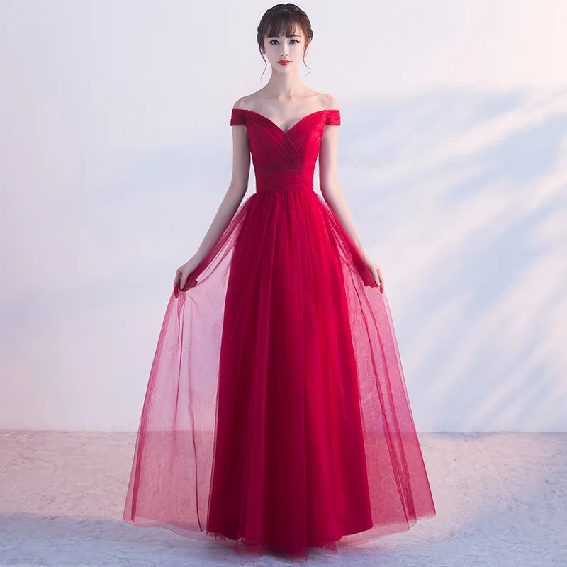 

Long Evening Dresses Cheap Sexy Off Shoulder Soft Tulle Floor Length Party Prom Gowns Lace Up Back Simple Maid of Honor