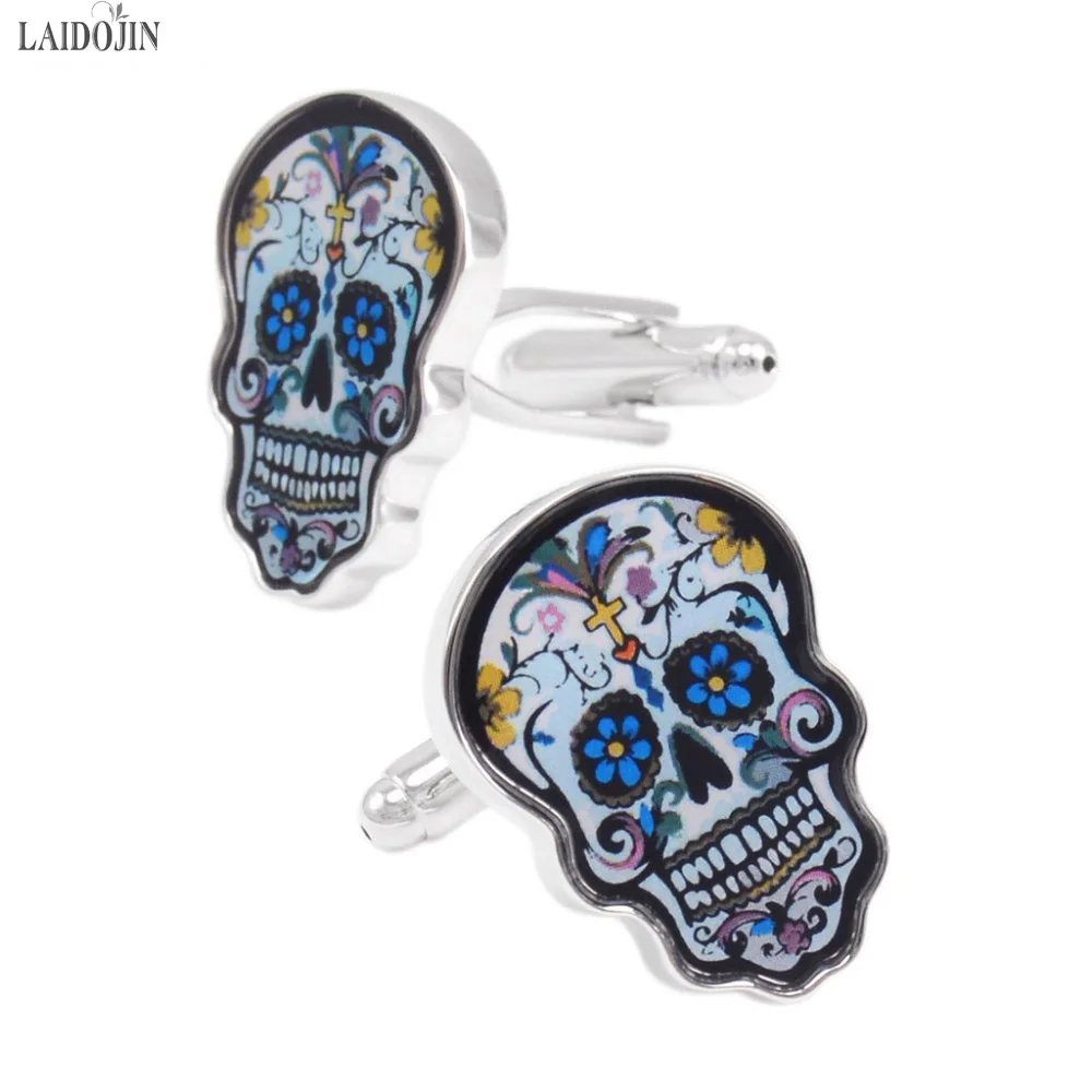 LAIDOJIN Novelty Colorful Skull Cufflinks for Mens Shirt Cuffs High Quality Enamel Cuff Links Brand Male Jewelry Halloween Gifts