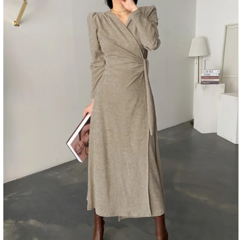 

French Temperament Puff Sleeve Corduroy Lace-Up Autumn Winter Women Dress Korean Elegant Casual Fashion Female Dresses Vestidos