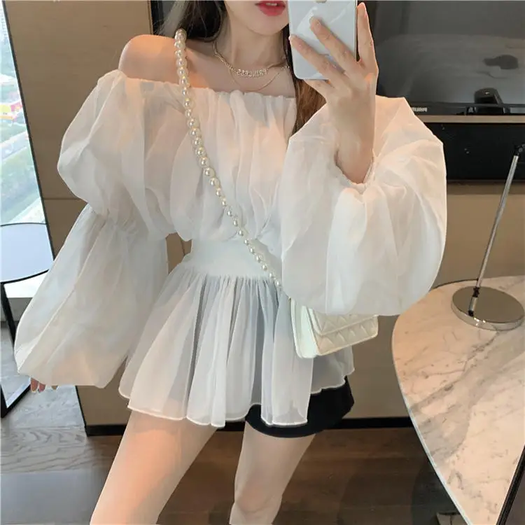 

Spring And Summer New Korean Office Lady Lantern Sleeve Slash Neck Women's Clothing Mesh Solid Color Pleated Ruffles Chiffon Top