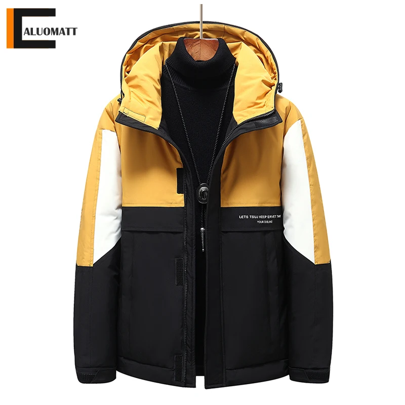 

Men's Down Jacket Hooded Thick Warm Patchwork Men Parkas Casual Slim White Duck Down Puffer Winter Male Snow Windbreaker Coat