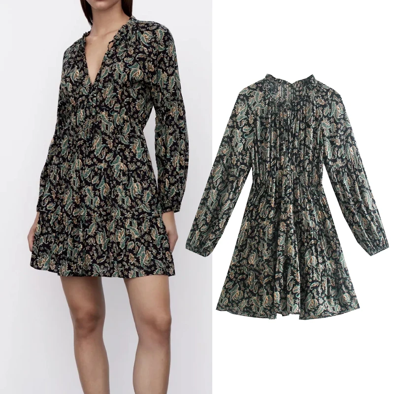 

Женское мини-платье с V-образным вырезом, длинным рукавом и принтом
