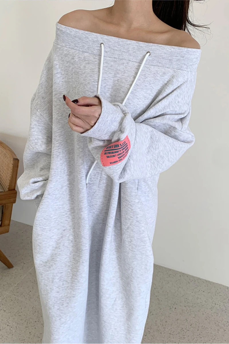 

Sexy Off Shoulder Sweatshirt Dress Women 2021 Fashion Long Sleeve Loose Dresses Drawstring Vestidos Casual Womens Clothing XC308