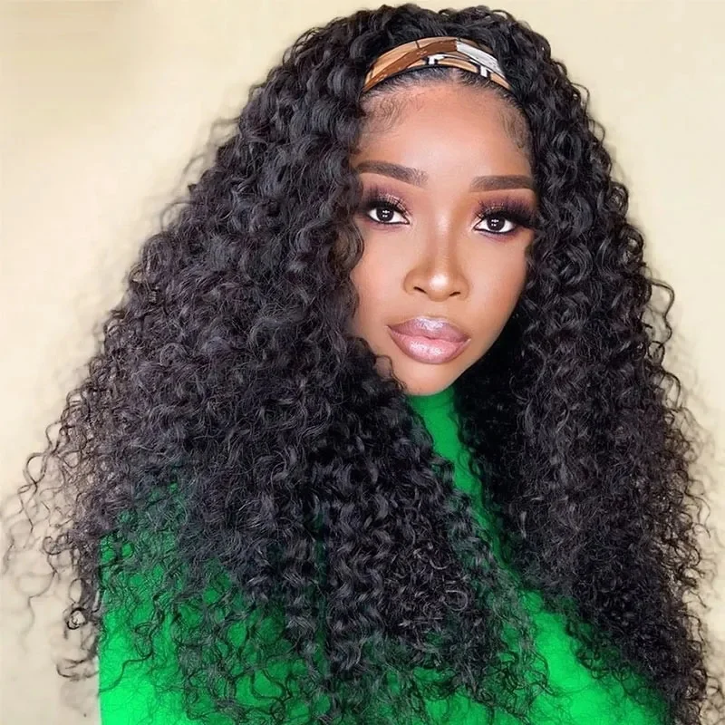 Brazilian Curly Synthet Hair Headband Wig Glueless Scarf  Hair Wigs for Black Women Full Machine Made Wig Beginner Friendly