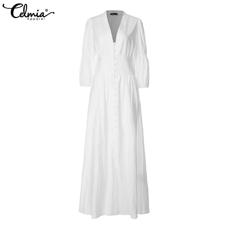 Летние Celmia Для женщин сексуальный v-образный вырез Плиссированное Платье-рубашка Повседневное с рукавом-фонариком свободные одноцветное белое платье халат длиной макси Vestidos
