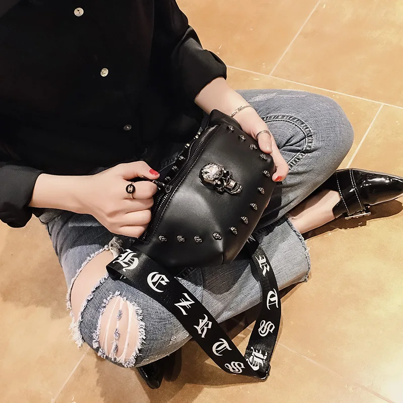 New Fashion Women Chest Bag PU Leather Shoulder Messenger Bags Skeleton Skull Personalized Waist Handbag High Quality Gift |