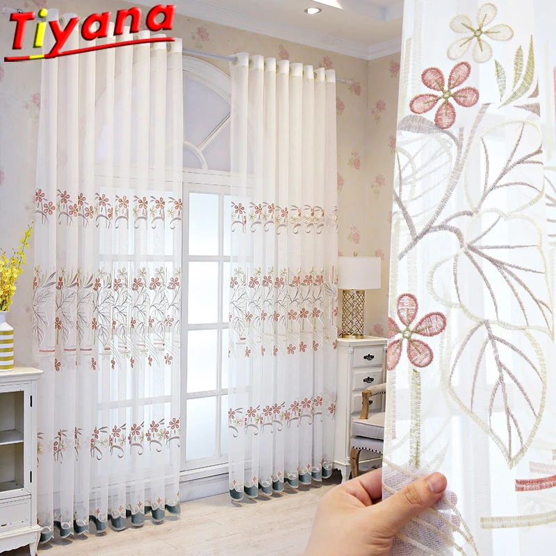

White Luxury Flowers Embroidery Tulle Curtains for Living Room Red Small Flowers Yarn Window Drapes for Kitchen Balcony #VT