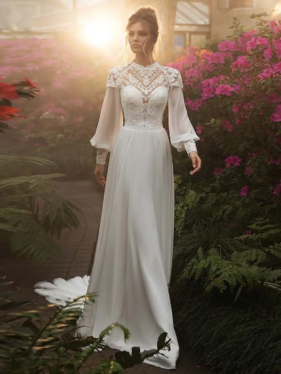 

Boho Chiffon Long Puffy Sleeves Wedding Dresses 2021 High Neck Lace Bohemian Bridal Dress Vintage Wedding Gown vestido de noiva