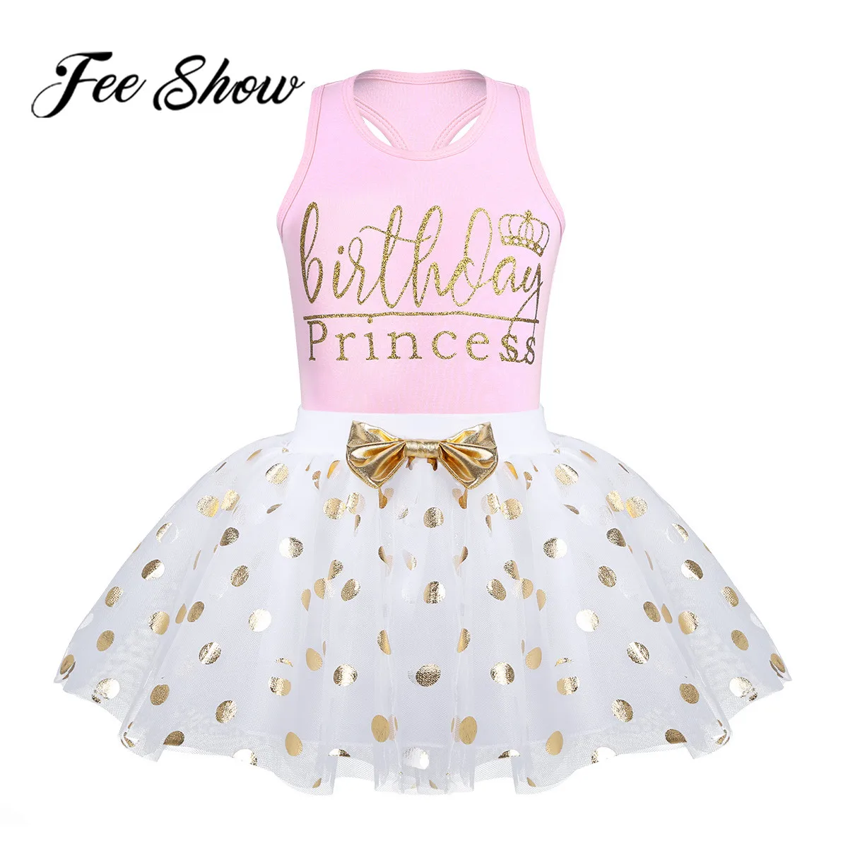 Infant Baby Girls Birthday Princess Outfit Set Sleeveless Tanks Cotton Top with Golden Polka Dot Tulle Tutu |