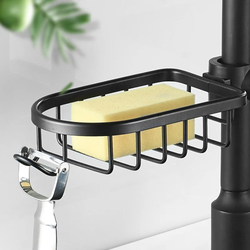 

New Arrival Black Shelves For Kitchen Faucet Space Aluminum Single Tier With Hooks Basket Hardware Accessories WF-811572