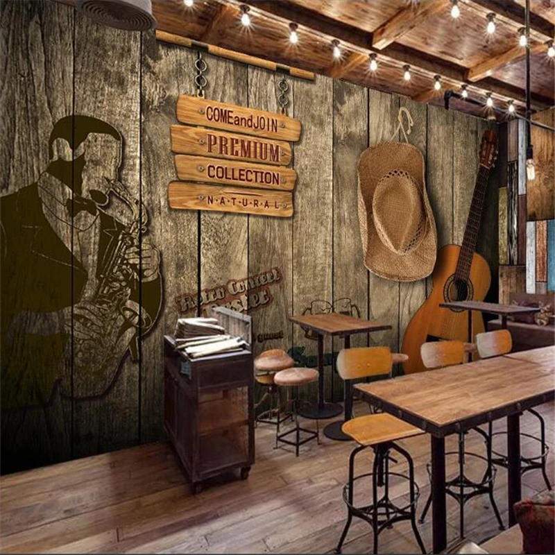 Custom wallpaper 3d bar KTV retro wooden board personality TV background wall painting living room bedroom restaurant decoration |