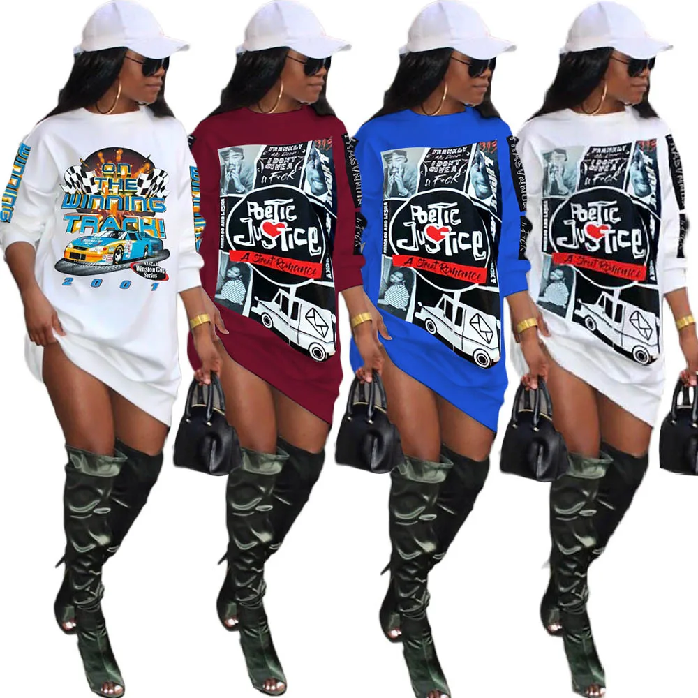 

New Fall Winter Women's Dresses Letter Character Cartoon Print O-neck Long Sleeve Sweatshirts Slim Mini Abiti Dress Plus Size