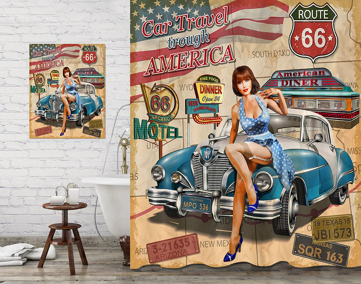 

Bathroom Decor Shower Curtain & Painting Beauty Girl Route 66 Retro Car Design