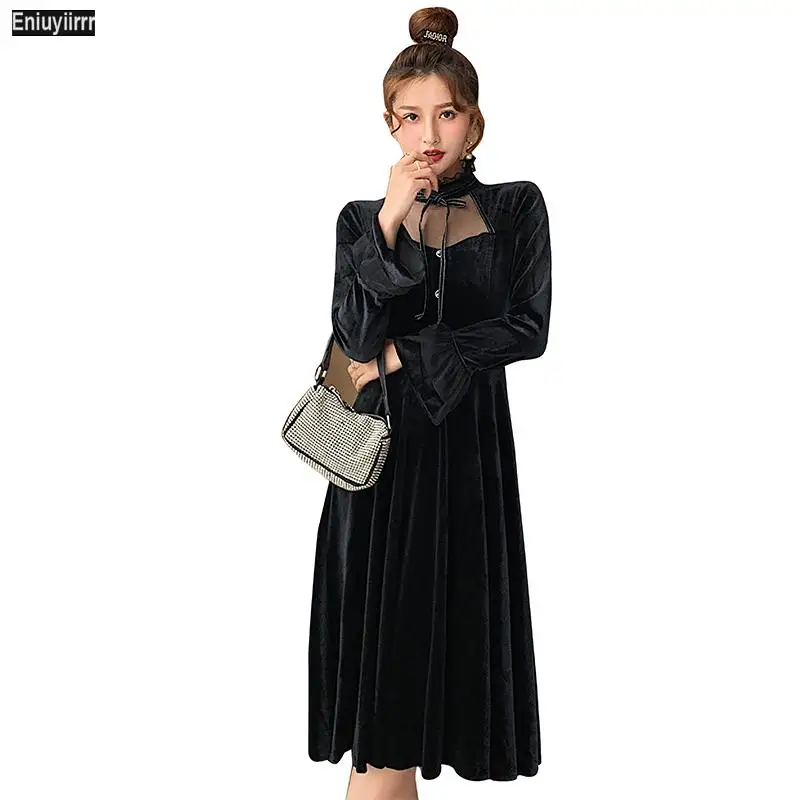 Женское бархатное платье длинное элегантное лоскутное Сетчатое черного и