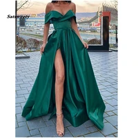 off the shoulder emerald green satin long prom dresses with leg slit v neck floor length arabic evening gowns robe de soiree