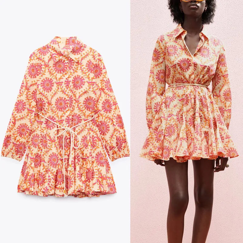 

Платье-рубашка женское летнее, с поясом и длинным рукавом, с оборками, голубое, 2021