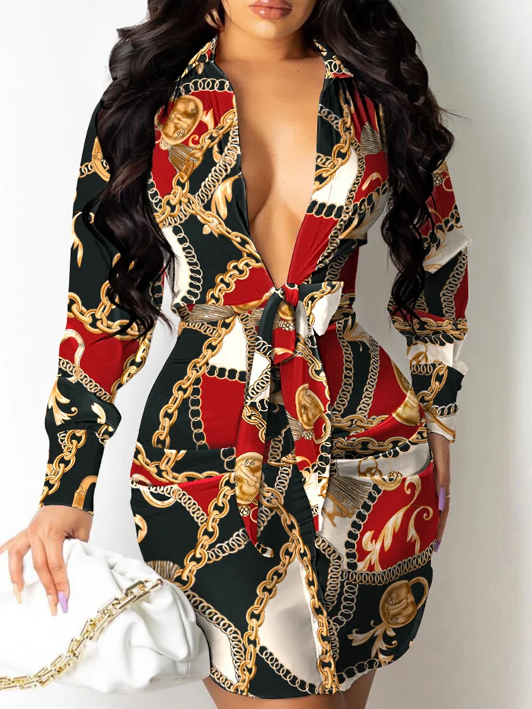 

Женское платье-рубашка с цветной цепочкой, элегантное платье для женщин, весна 2022