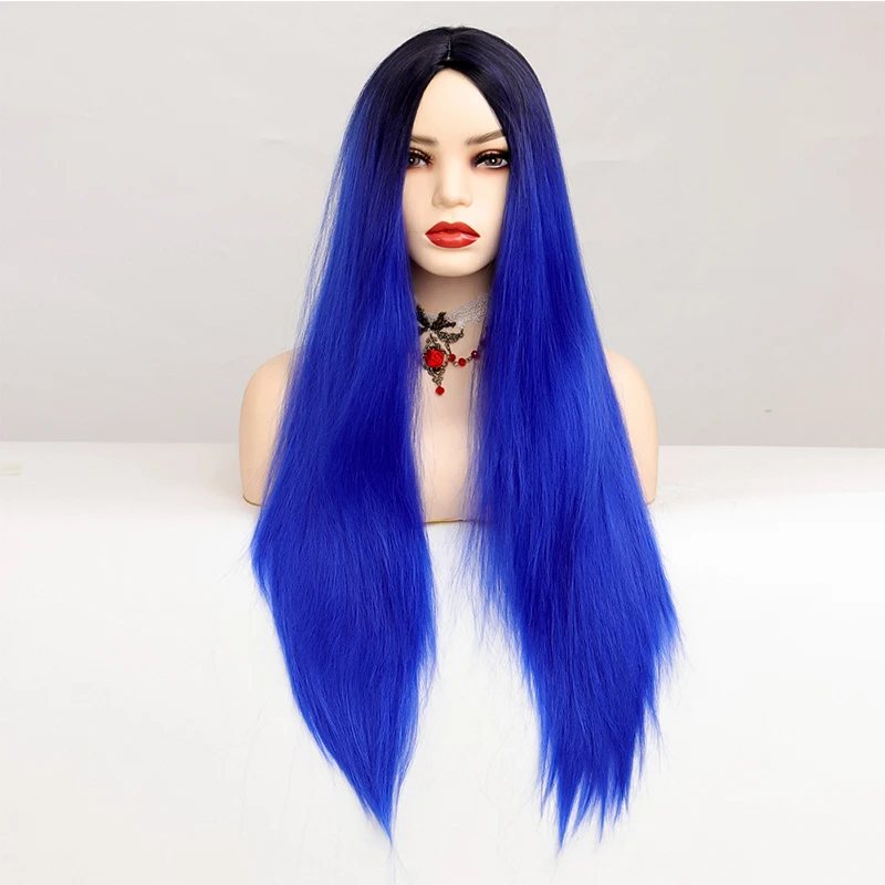 Long Straight Ombre Blue Synthetic Hair Wigs Middle Part Heat Resistant Fiber Wigs for Women Daily Cosplay Fashion Natural Wigs