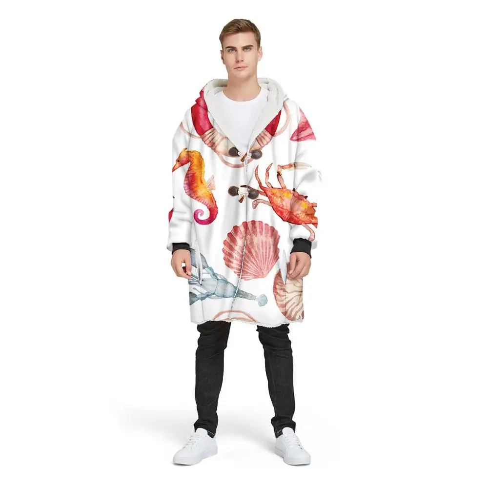 

3D принт морские животные, одеяло с капюшоном, мягкое теплое флисовое плюшевое одеяло с рукавами, носимое пальто, куртка на пуговицах, карман...