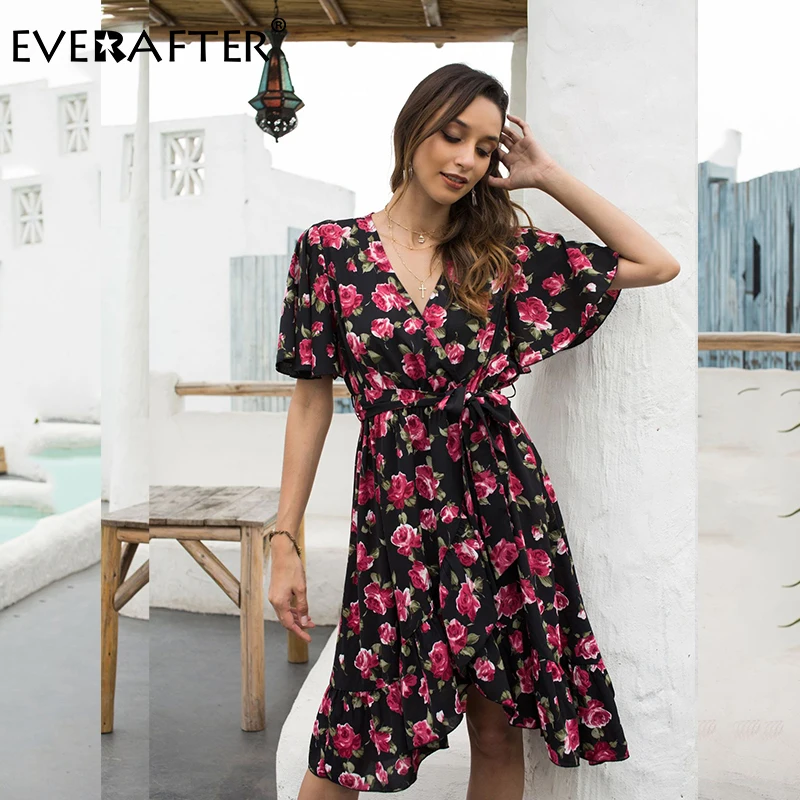 

EVERAFTER Vintage Rose flower print women dress summer v-neck sleeve bangage sashes bow slim split casual elegant ladies dresses