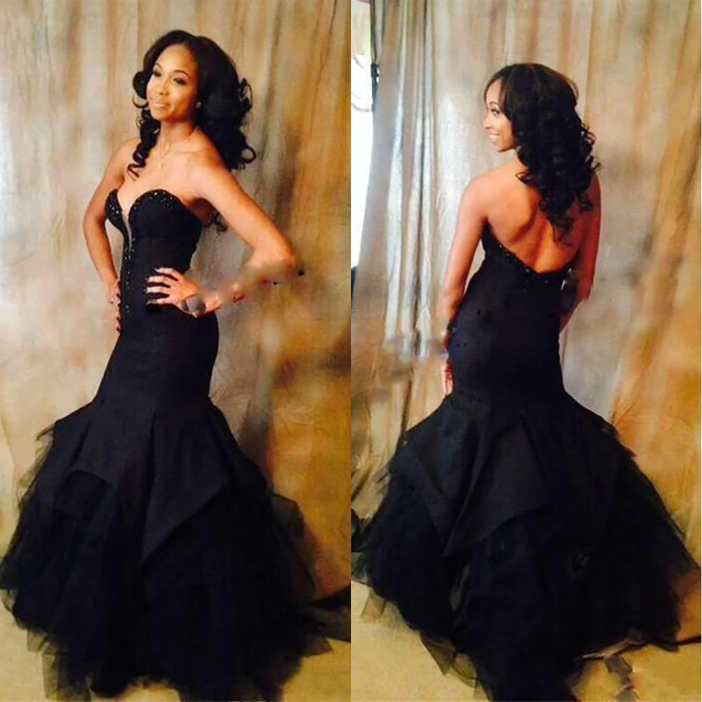 Женское кружевное платье-русалка черное Тюлевое длинное вечернее платье со