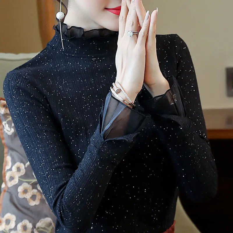 Женская блузка с длинным рукавом женский топ кружевные черные короткие рубашки