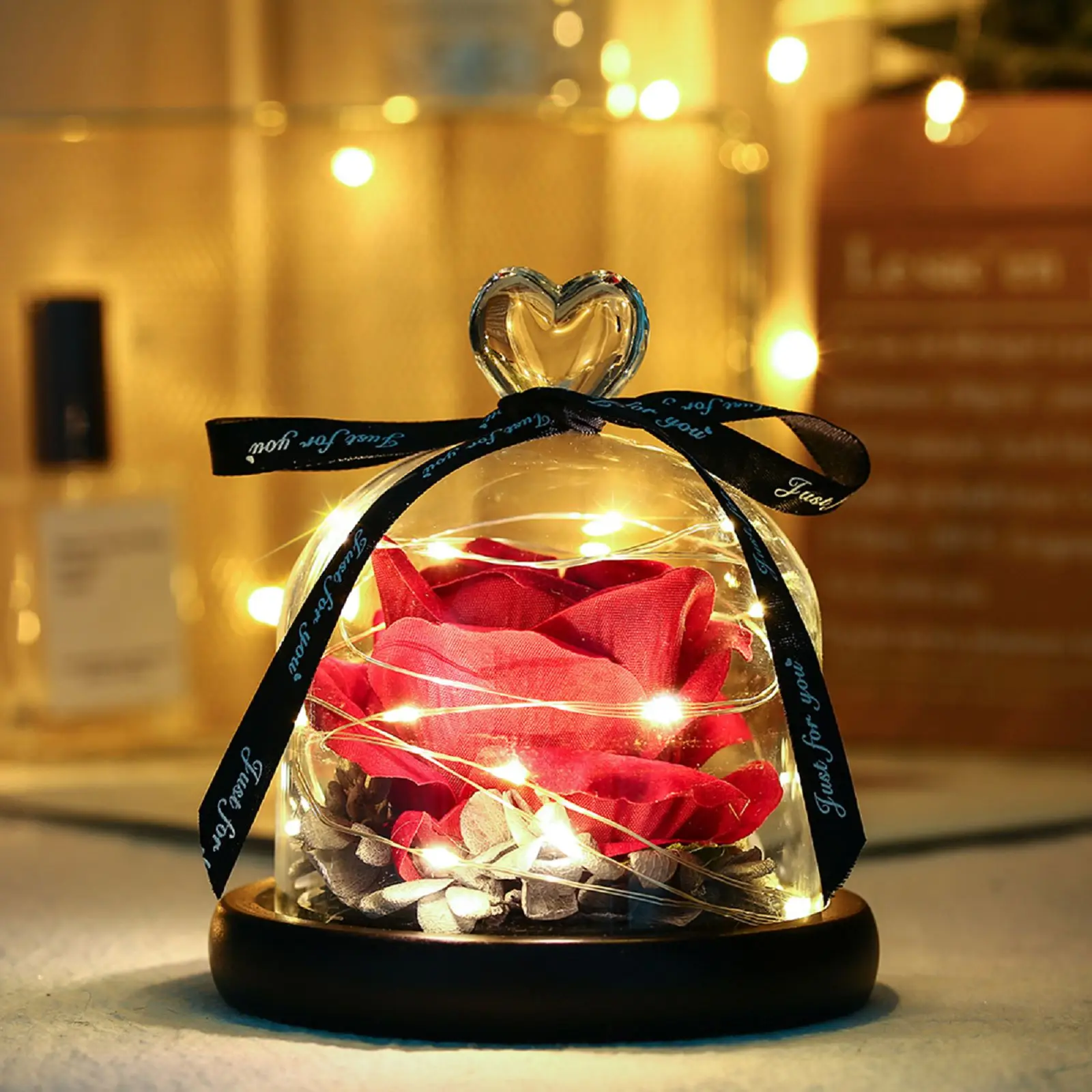 

LED Night Light Eternal Rose And LED Light In Glass Dome On Wood Base Valentine'S Day Gift Home Party Decor