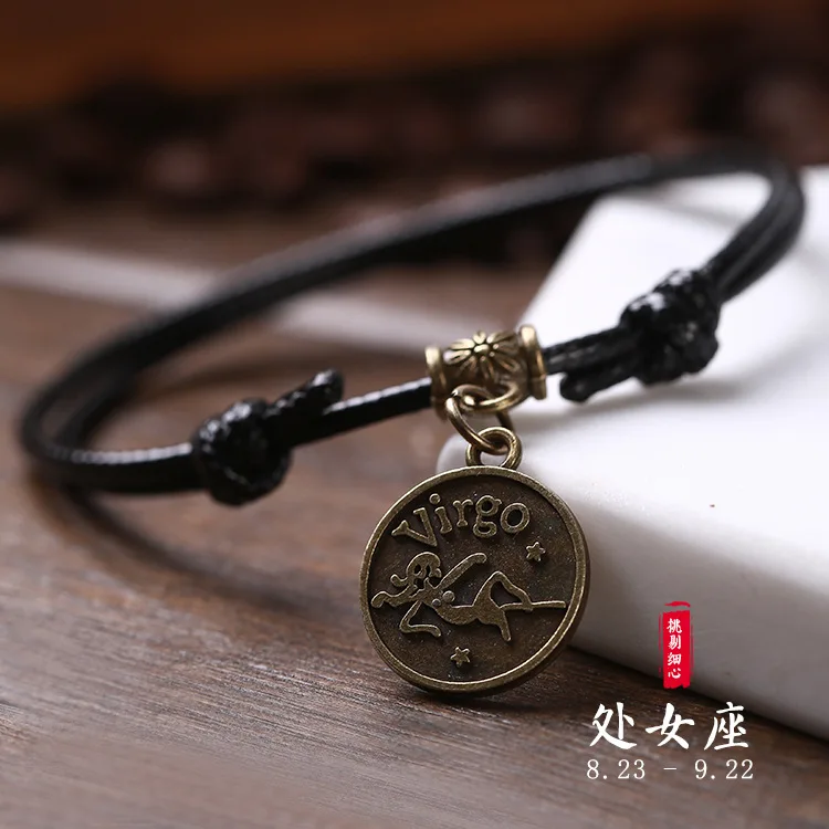 Virgo Women Vintage Black Rope Chain Anklets 12 Constellations Couple Bohemian Ankle Bracelet Lovers Accessories Boho Foot Jewelry - Окраска металла: Virgo