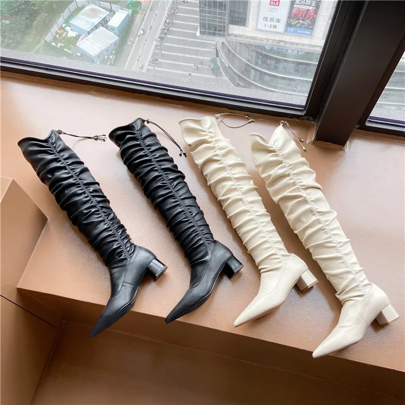 

MStacchi 2020 Autumn Winter New Women Boots Leather Ruffled Square Heel Pointed Toe Shoes Over The Knee Boots Sexy Big Size34-39