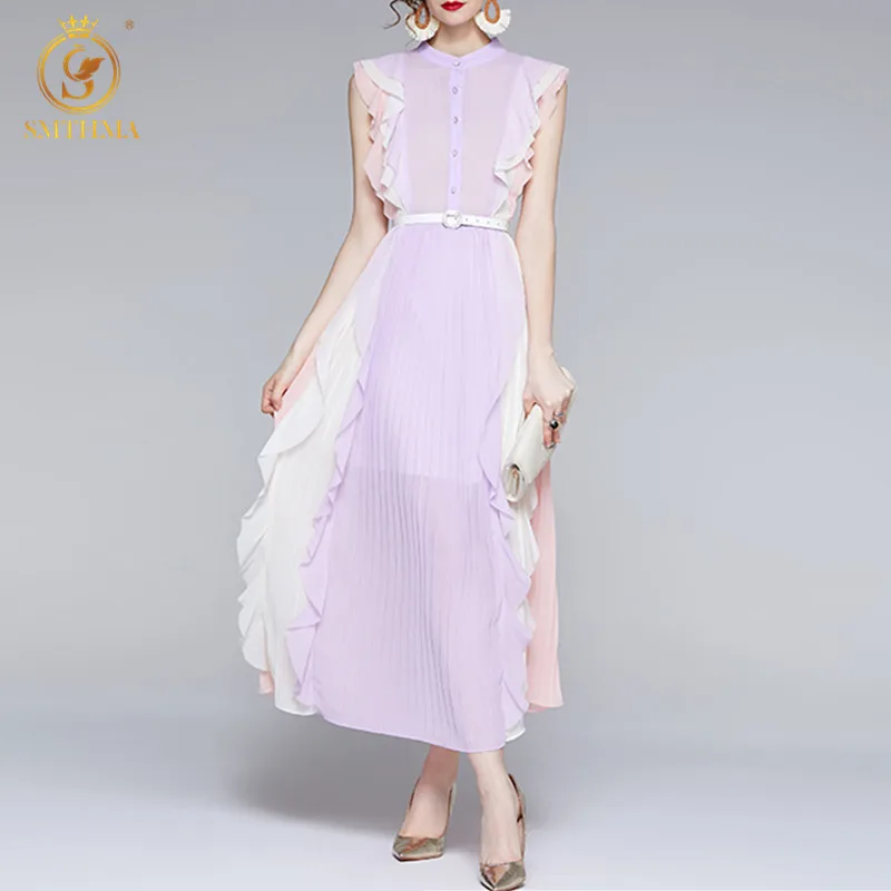 

Женское винтажное длинное платье SMTHMA, шифоновое платье без рукавов с высокой талией и рюшами, лето 2019