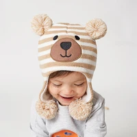 boy hat winter earflap beanie kids knit fleece lining pompom bear dobby warm autumn skiing outdoor accessory for baby toddlers