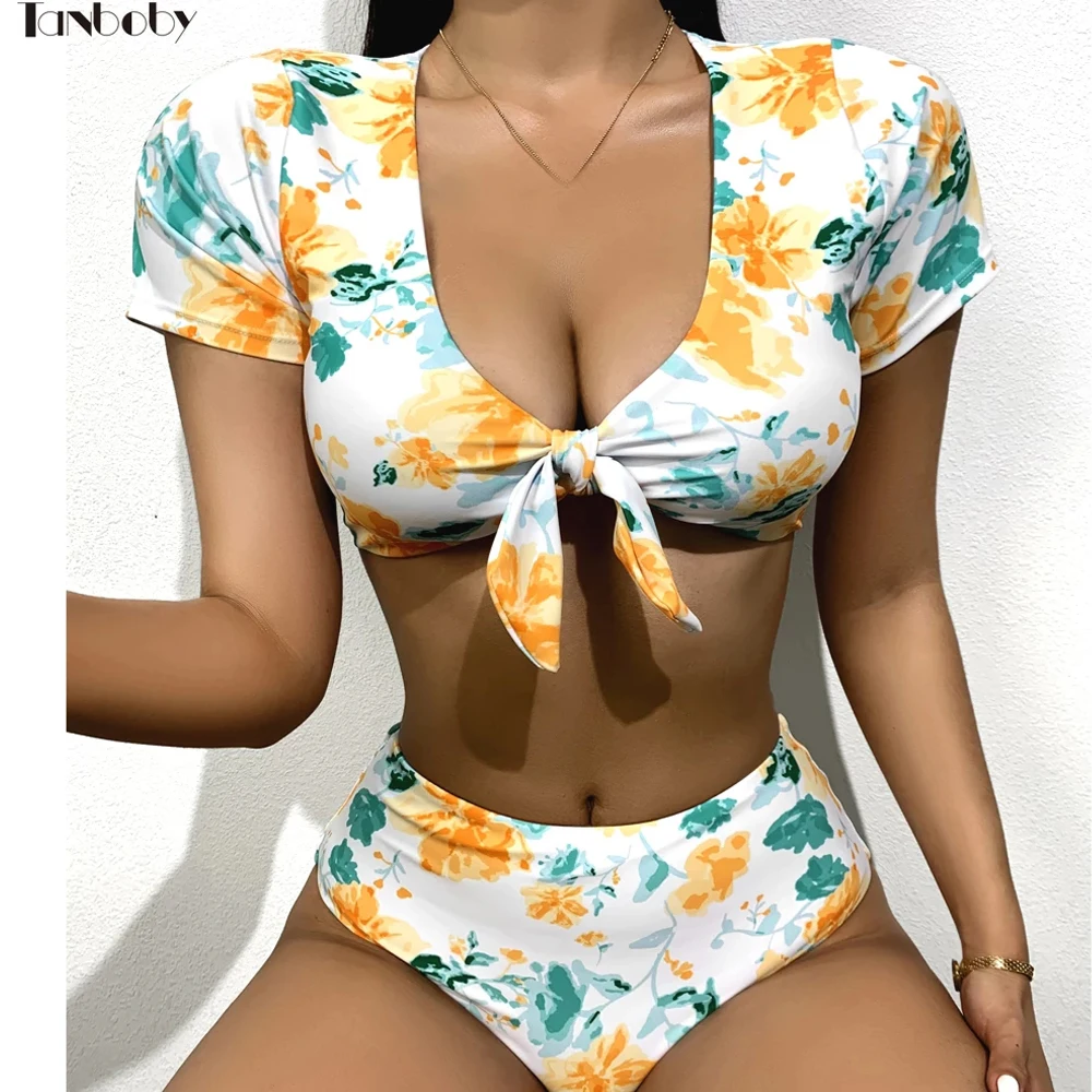 

Купальные костюмы с короткими рукавами, бандажные пляжные бикини с V-образным вырезом и цветочным принтом, купальники из двух частей, женски...