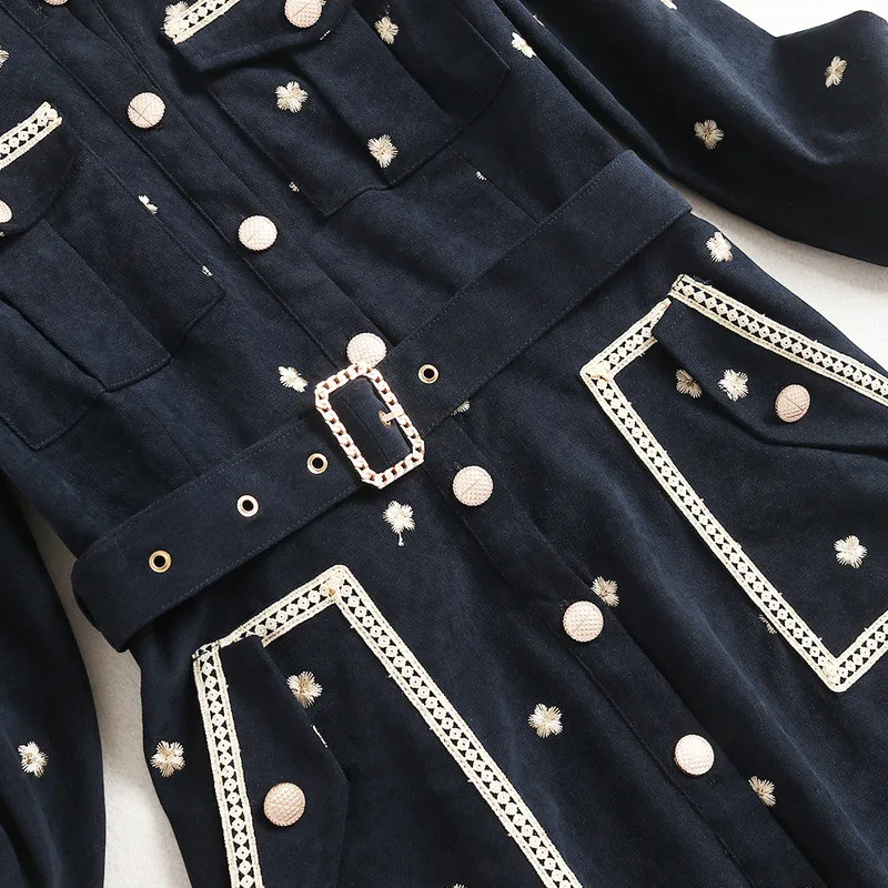

Fashion New Runway Designers Autumn Dress Long Sleeve Women Turn Down Collar Embroidery Solid Casual Dress with Belt