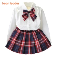 bear leader girl dress new princess dresses class uniforms kids girls bow t shirtplaid dress children costume clothing 2pcs
