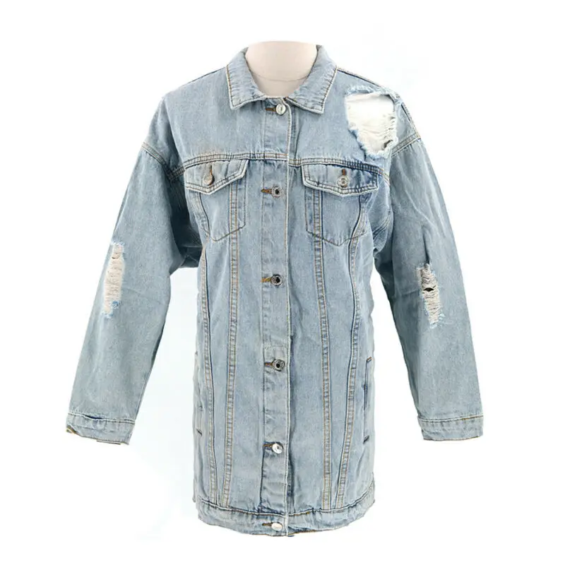 

Womens Ripped Denim Biker Jacket Jeans Coat Ladies Distressed Pocket Outwear