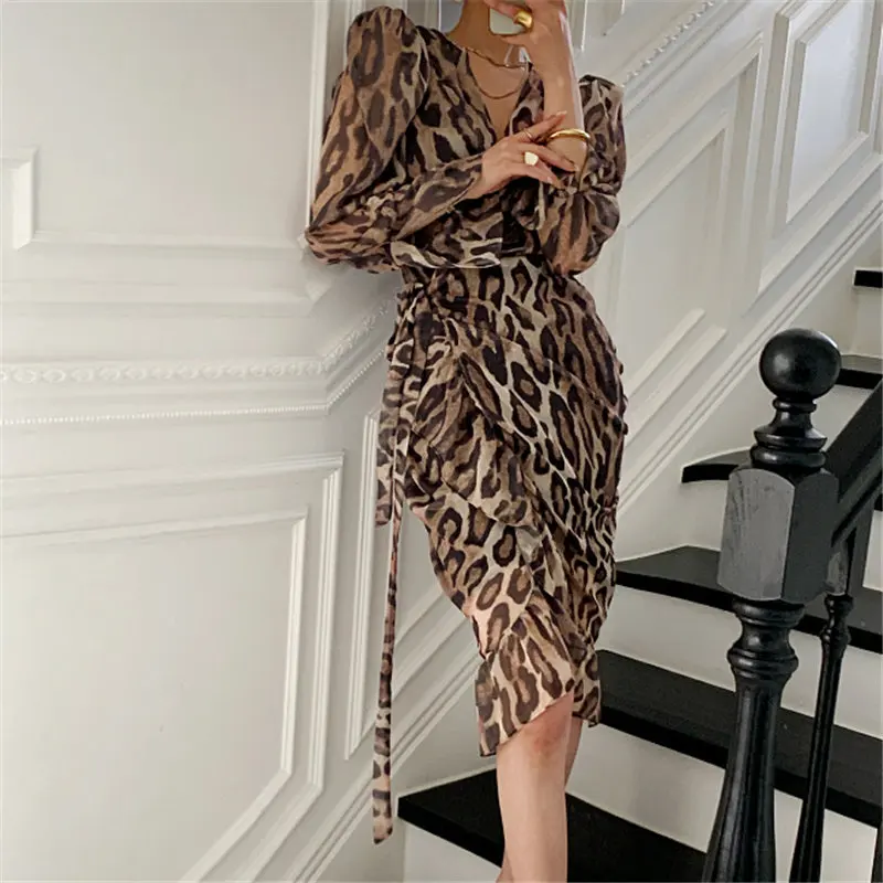 

Women Animal Printed High Waist 2021 Dresses Retro Chic Sexy Slim Leopard Female Streetwear Summer New Office Lady Elegant Dress