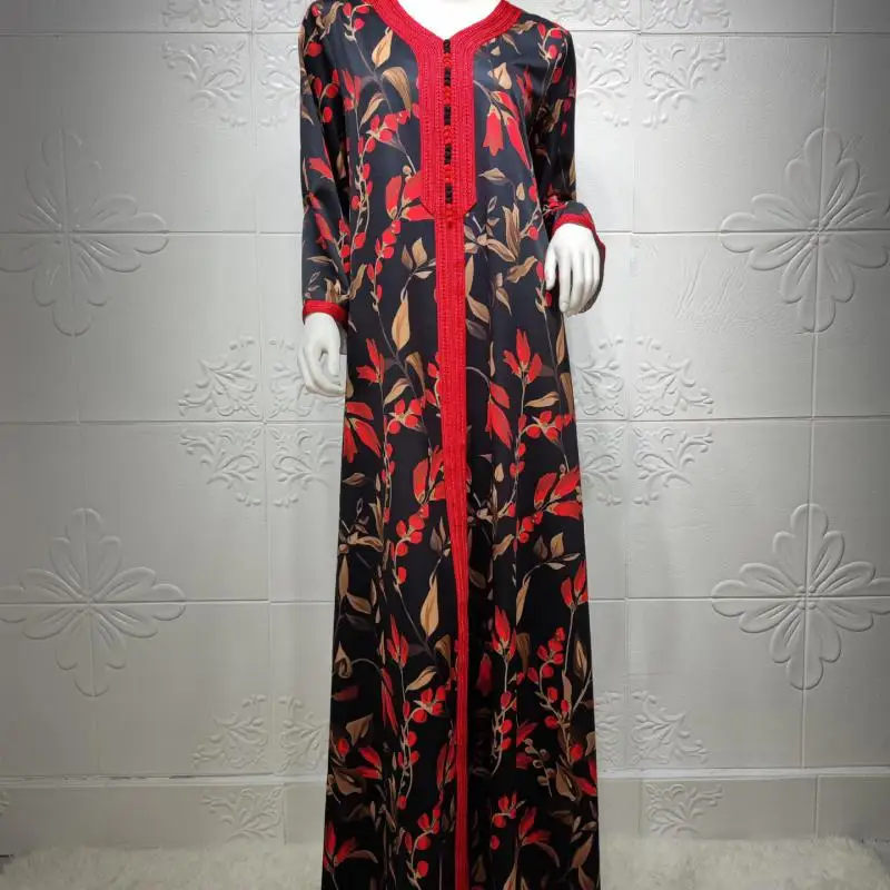 

Middle East Turkey Dubai Abaya Print Long Modest Fashion Dress Muslim Ladies Satin Robe Temperament Banquet Dress Without Turban
