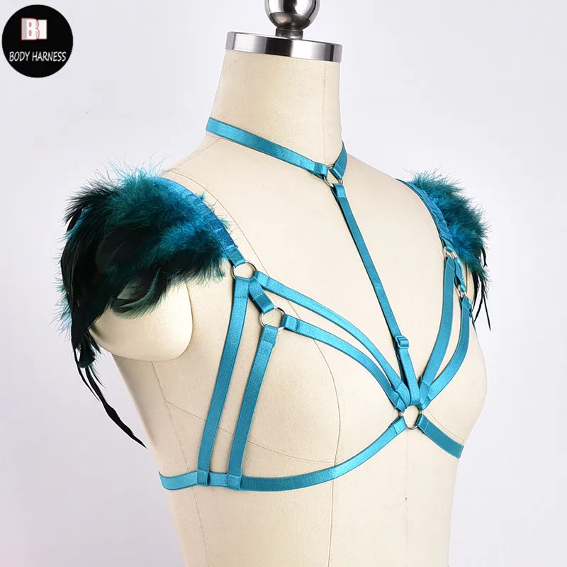 Женский бюстгальтер в стиле панк с портупеей открытой грудью перьевые эполеты |