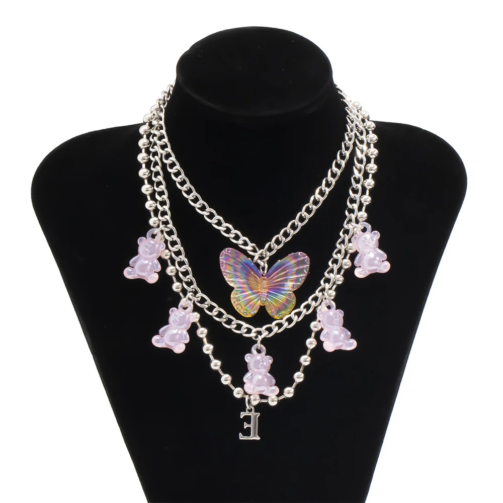 

YOUVI 3PCS Acrylic Bear Tassel Pedant Necklace for Women Pink Big Butterfly Choker Metal Beaded Chains Necklace Jewelry Collar