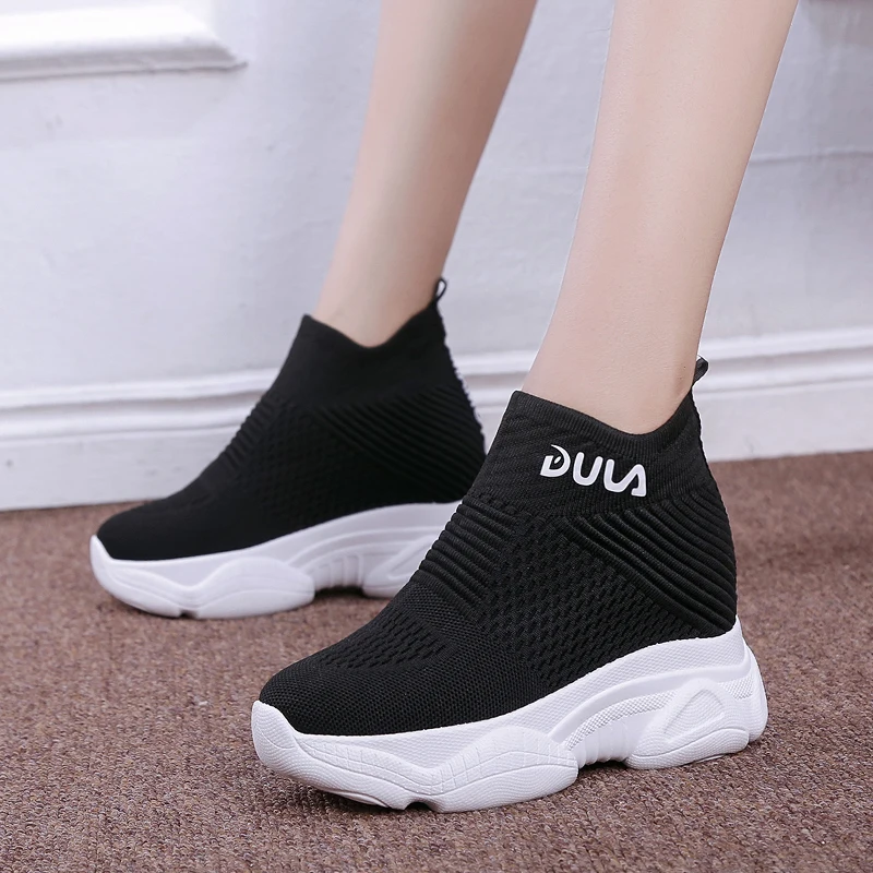 Кроссовки-Носки Женские однотонные на танкетке высокие дышащие вязаные толстая