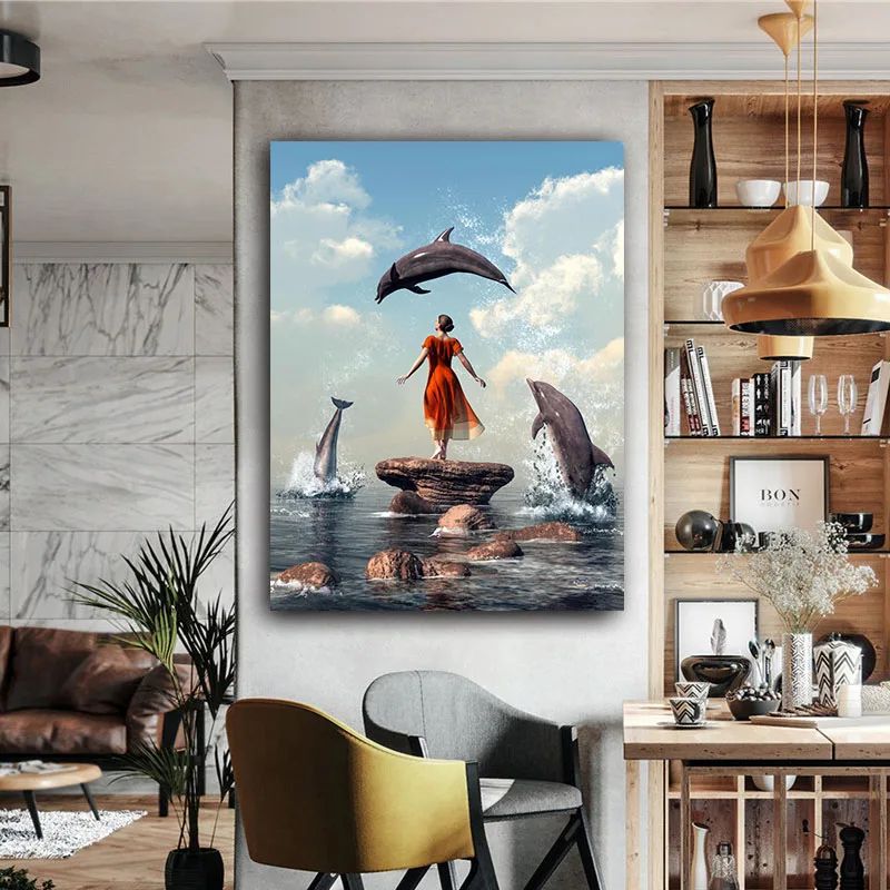 DIY картинки для раскраски по номерам с дельфином и девочкой картина рисования в