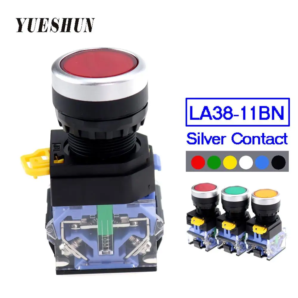 Автоматический кнопочный переключатель 1NO 1NC С Плоской Головкой, автоматический переключатель с функцией самоблокировки, красный зеленый синий, 6 цветов, 22 мм