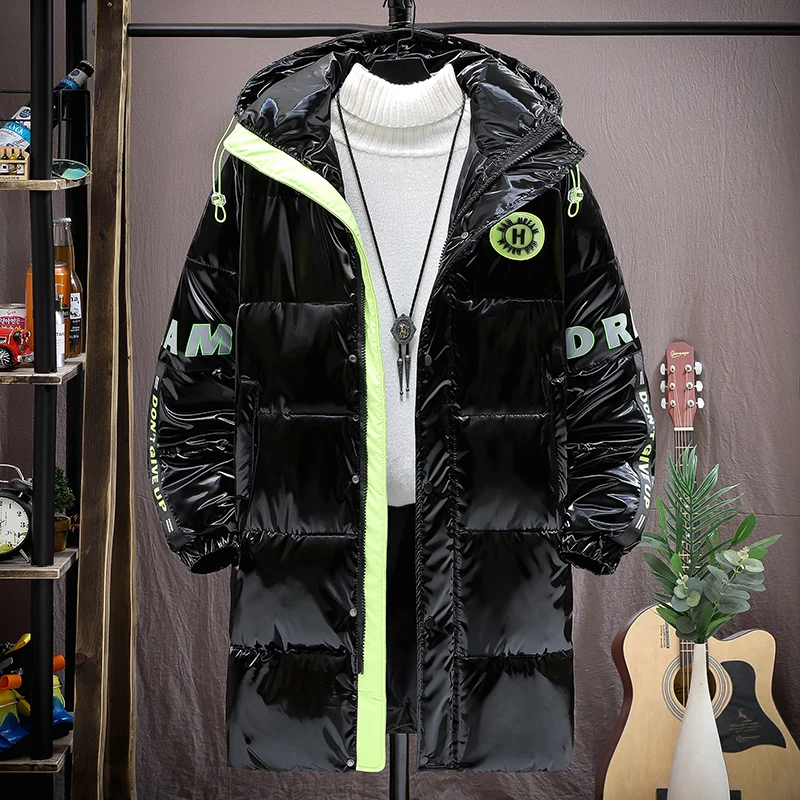 Casual Mid-Length Winter Thick Warm Cotton-Padded Jackets Solid Outwear Parkas Youth Tops Long Hooded Bright Coats New Clothing