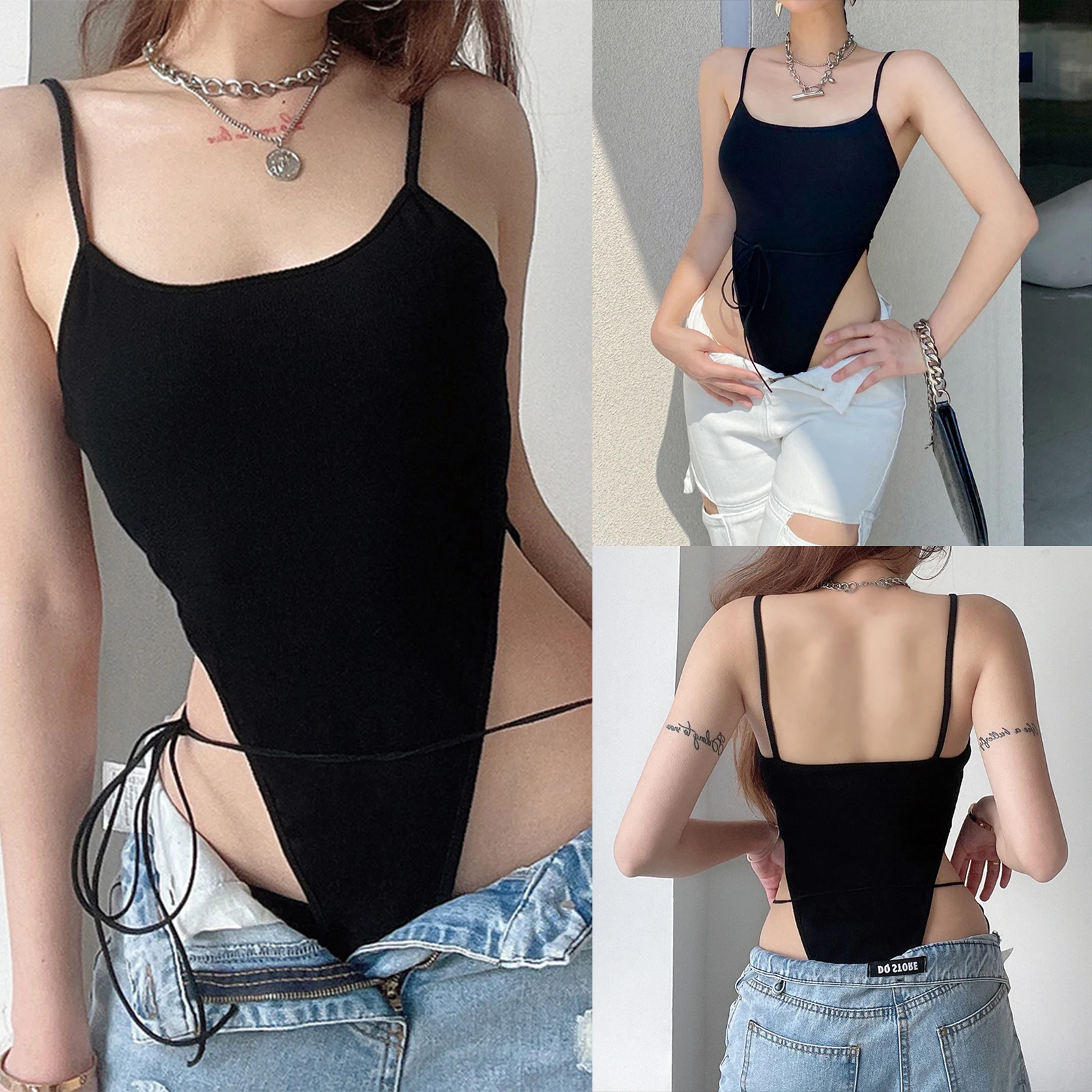

Ladies Sexy Suspender Jumpsuit Summer Autumn Women Fashionable Solid Color U-neck Sleeveless Lace Up Casual Siamese Trousers