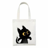 cute tote bag animals black cat print canvas bag eco shopping bag daily use foldable handbag large capacity canvas tote women