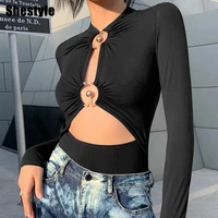 shestyle bodysuits sexy women black hollow out ring round neck skinny elastic solid fashion trendy tide spring 2021 body outfits